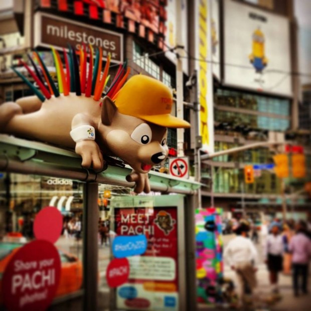 Mascote do Pan, o porco-espinho Pachi na praça Yonge-Dundas, a "Times Square" de Toronto